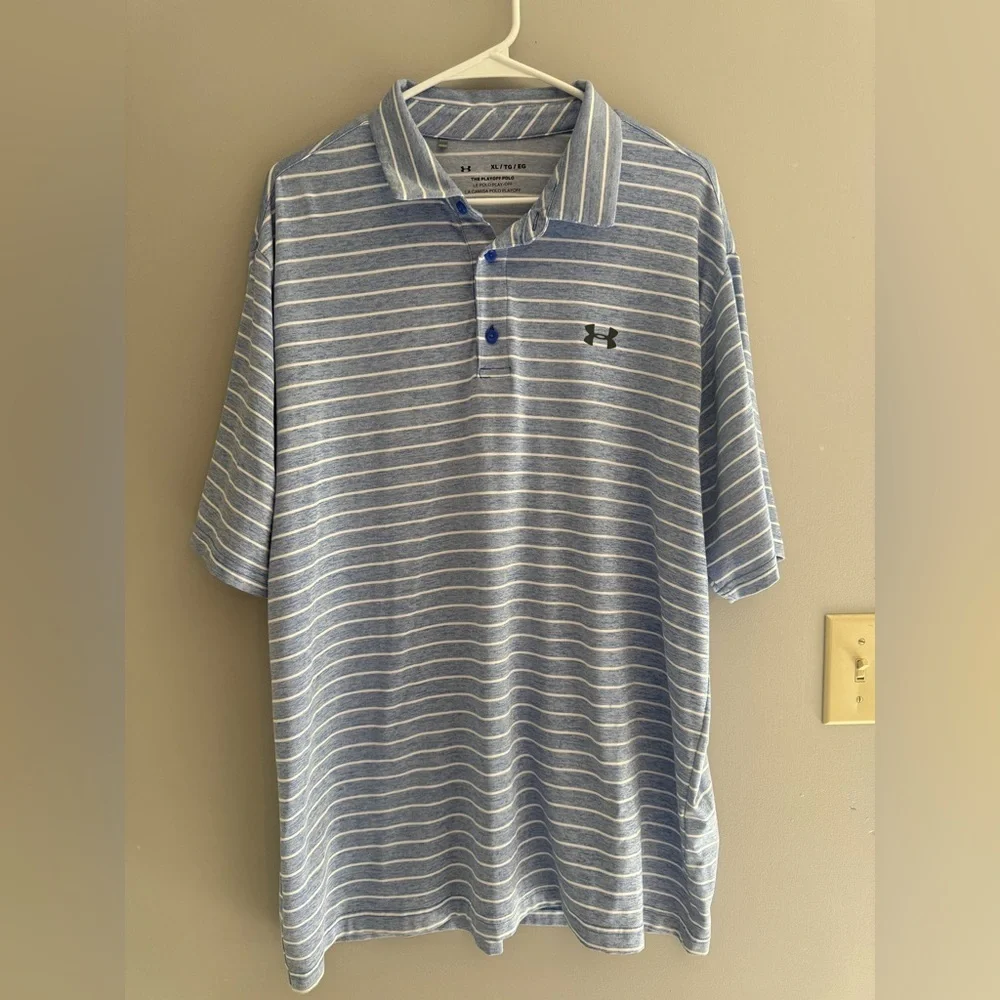 Under Armor Mens Blue White Striped Play Off Polo SZ XL Short Sleeve Collared